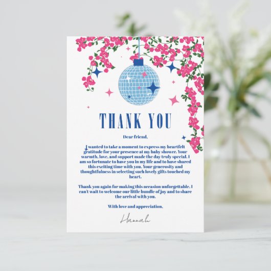 Dank u Grieks Bougainvillea disco baby shower Informatiekaartje (Staand voorkant)