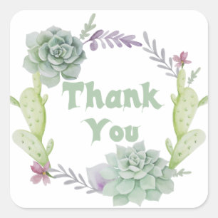 Dank u groene vetplant en cactus bloemenkrans vierkante sticker