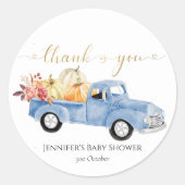 Dank u Herfst Blue  Truck Baby shower Ronde Sticker (Voorkant)