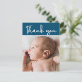 Dank u het Manuscript Modern blue Baby Foto Geboor Aankondigingskaart (Staand voorkant)