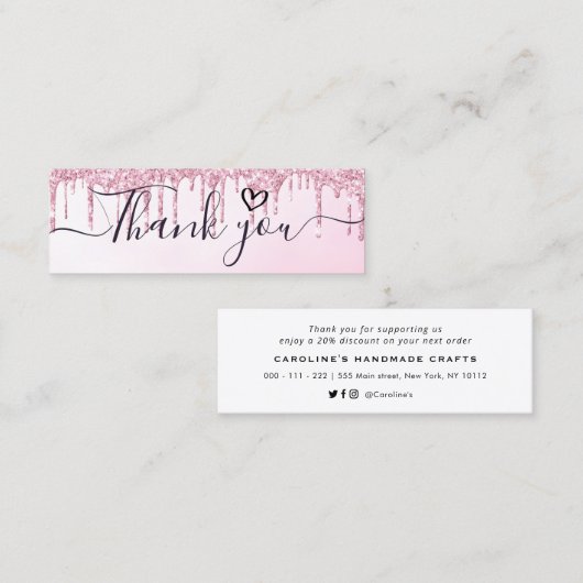 dank u het roze script glitter insert business mini visitekaartje (Voorkant / Achterkant)