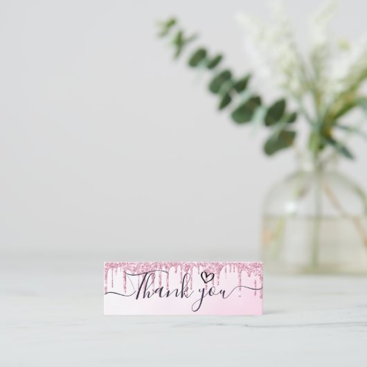 dank u het roze script glitter insert business mini visitekaartje (Staand voorkant)