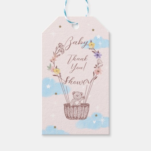 Dank u Hete Luchtballon Teddy Bear Roze Cadeaulabel (Voorkant)
