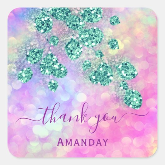 Dank u Holograaf Roze Groen Bloemen 16e Vierkante Sticker (Voorkant)