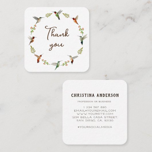 Dank u Hummingbird Wreath Vierkante Visitekaartje (Voorkant / Achterkant)