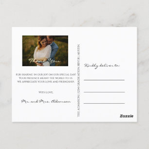 Dank u in liefde bruiloft foto gouden script wit briefkaart