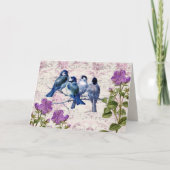 Dank u, Jouw tekst,  blauwe vogels en bloemen Bedankkaart (Voorkant)