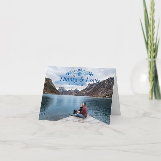 Dank u kaart blauw bloemontwerp over foto (Voorkant)