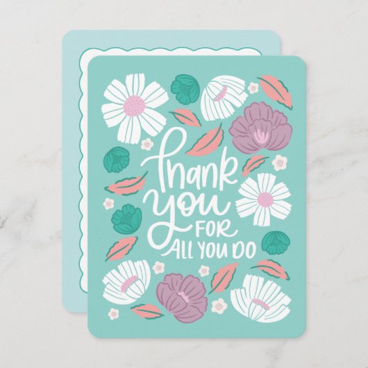 Dank u kaart - Blauwgroen bloemen (Voorkant / Achterkant)