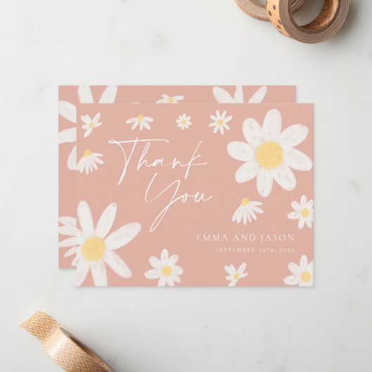 Dank u kaart Blush Pink Daisy Notitiekaartje (Voorkant / Achterkant in situ)