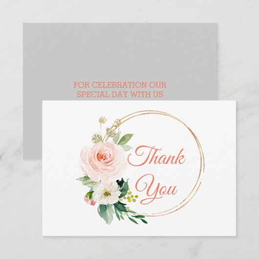 Dank u kaart Blush roze grijze bloem (Voorkant / Achterkant)