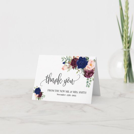 Dank u kaart Boho Navy Bloemen bruiloft gevouwen (Voorkant)