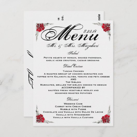 Dank u kaart en bruiloft diner menu (Voorkant / Achterkant)