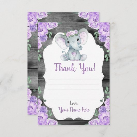 Dank u kaart meisje olifant douche bloemen rustiek (Voorkant / Achterkant)