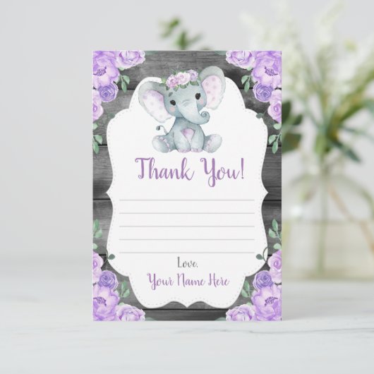 Dank u kaart meisje olifant douche bloemen rustiek (Staand voorkant)