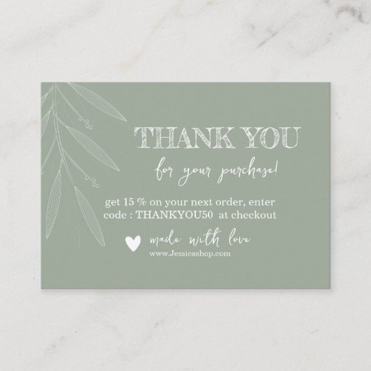 Dank u kaart minimaal blad | Sage Green Visitekaartje (Voorkant)