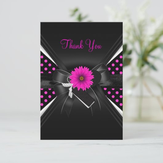 Dank u kaart Polka dot zwart wit roze (Staand voorkant)