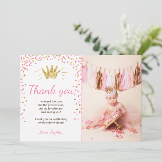 Dank u kaart Prinses Verjaardag Goud Roze (Staand voorkant)