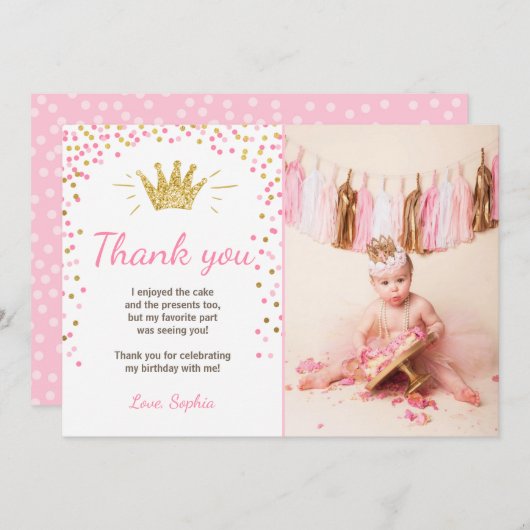 Dank u kaart Prinses Verjaardag Goud Roze (Voorkant / Achterkant)