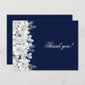 Dank u kaart witte bloem sakura marine blauw (Voorkant / Achterkant)