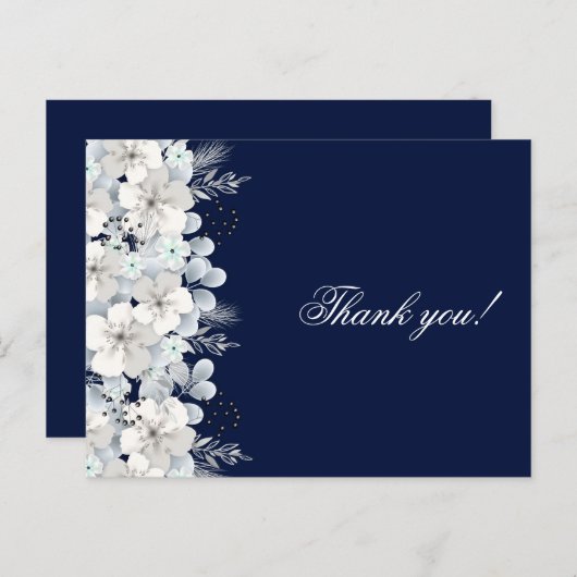 Dank u kaart witte bloem sakura marine blauw (Voorkant / Achterkant)