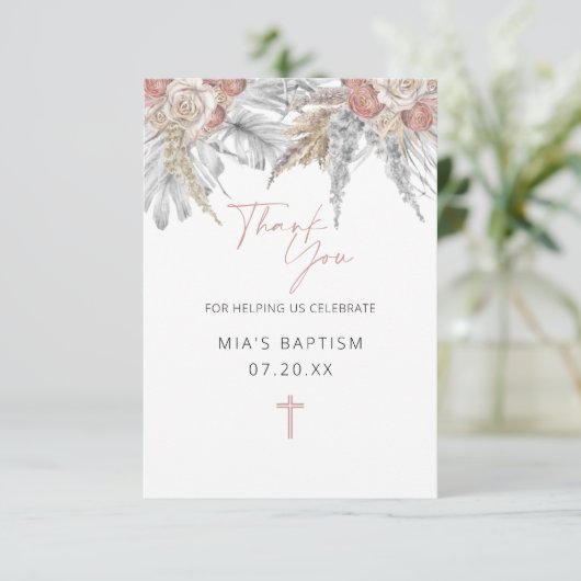 Dank u Kaarten voor de Doop | Pink Floral Boho (Staand voorkant)