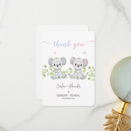 Dank u kaarten voor Koala Gender Reveal Party. (Voorkant / Achterkant in situ)