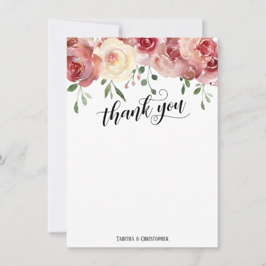 Dank u kalligrafie, bordeaux, bloze Rozen Bedankkaart (Voorkant)