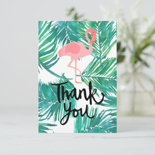 Dank u kalligrafie flamingo tropische bladeren bedankkaart (Staand voorkant)