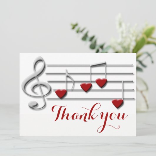 Dank u kalligrafie op hart muzieknoten bedankkaart (Staand voorkant)