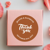 Dank u kalligrafie terracotta bruiloft gunst ronde sticker