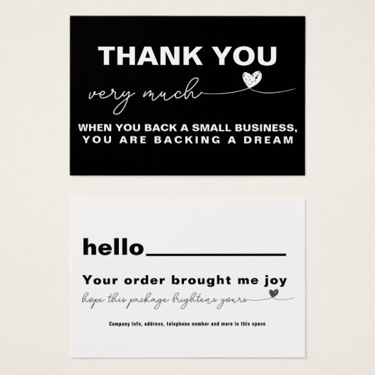 Dank u Klantwaardering Zwart notitiehart Visitekaartje (Voorkant /achterkant)