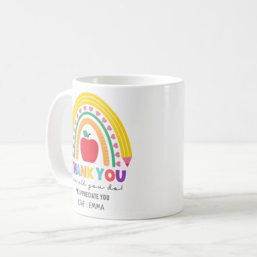 Dank u kleurrijke leraar waardering regenboog koffiemok (Voorkant links)