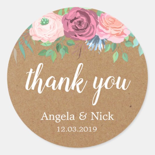Dank u Kraft Floral Wedding Sticker (Voorkant)