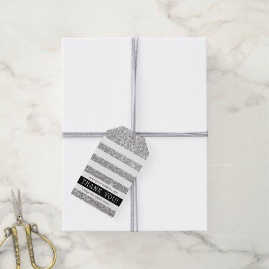 DANK U LABEL modern stripe luxe zilveren glitter Cadeaulabel (Met Touw)