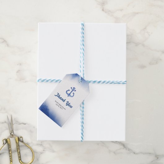 Dank u labels | Blauwe nautische Waterverf Cadeaulabel (Met Touw)