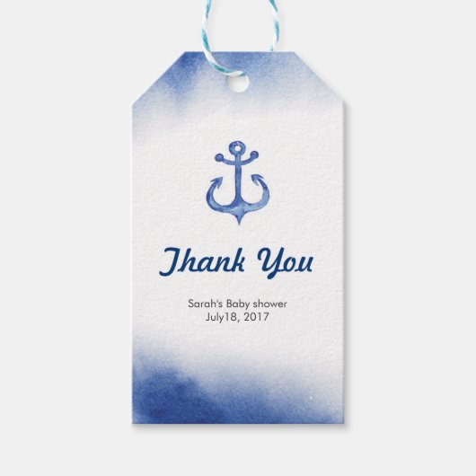 Dank u labels | Blauwe nautische Waterverf Cadeaulabel (Voorkant)