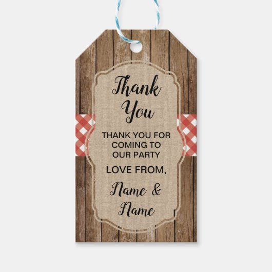 Dank u Labels Bruiloft Rode Gingham BBQ Burlap Cadeaulabel (Voorkant)