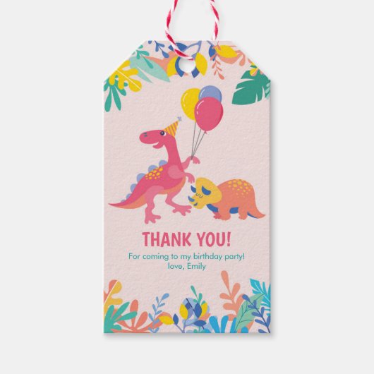 Dank u labels | Meisjes Dinosaurus Labels - roze Cadeaulabel (Voorkant)
