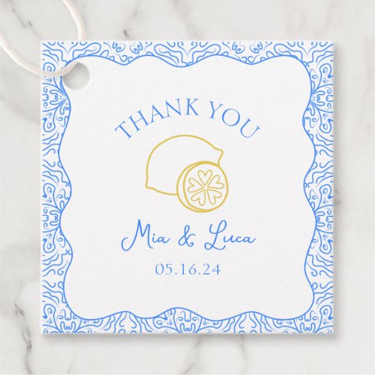Dank u Lemon Blue Tegels gepersonaliseerde bruilof Bedankjes Labels (Voorkant)