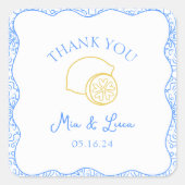 Dank u Lemon Blue Tegels gepersonaliseerde bruilof Vierkante Sticker (Voorkant)