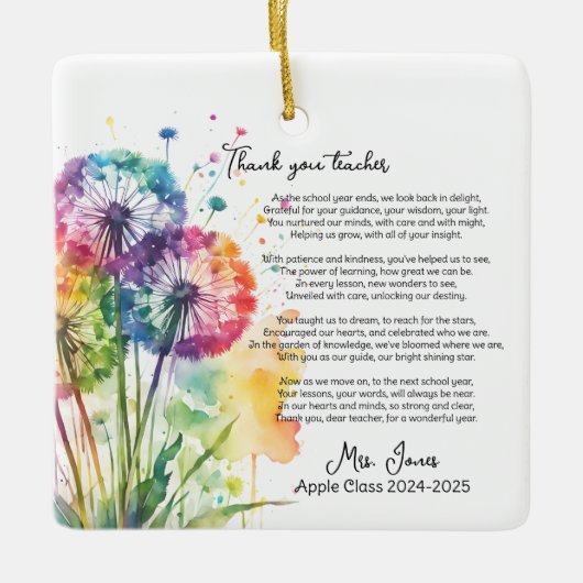 Dank u leraar pensioen paardenbloem gedicht keramisch ornament (Voorkant)