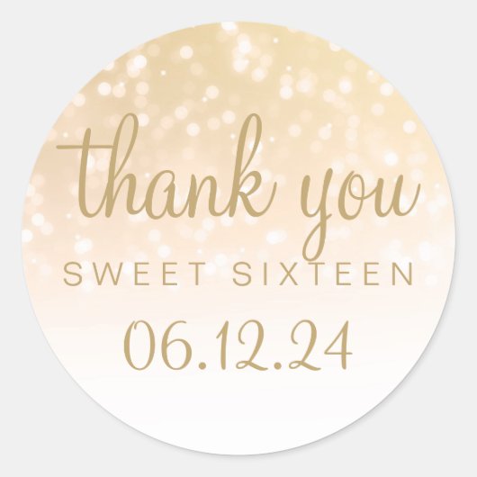 Dank u Lief 16 Gouden Bokeh Sparkle Lights Ronde Sticker (Voorkant)