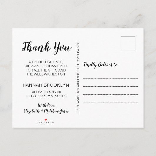 Dank u Manuscript 4 Foto Collage Birth Announcemen Aankondigingskaart (Achterkant)