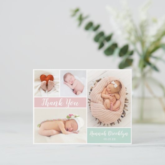 Dank u Manuscript 4 Foto Collage Birth Announcemen Aankondigingskaart (Staand voorkant)
