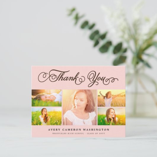 Dank u Manuscript Elegant 5 multi-Foto Afstuderen Briefkaart (Staand voorkant)