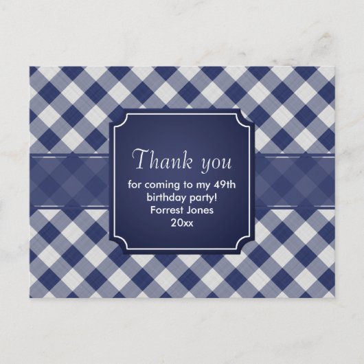 Dank u marine blauw gingham patroon geometrisch briefkaart (Voorkant)