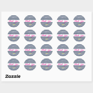 Dank u marine roze strepen ronde sticker