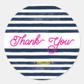 Dank u marine roze strepen ronde sticker (Voorkant)