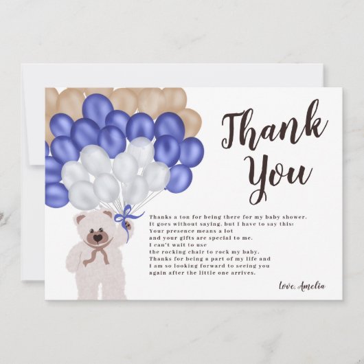 Dank u marineblauwe ballon beer jongen baby shower bedankkaart (Voorkant)